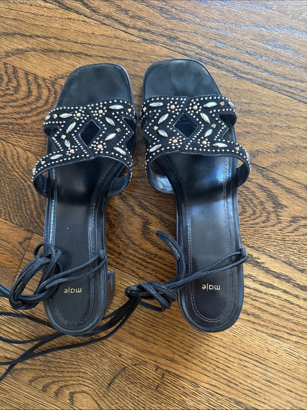 Maje Black Beaded Open-Toe Ankle-Tie Sandals